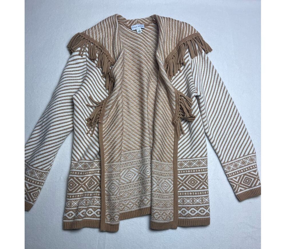 Susan Graver Cardigan Sweater Tan White Fringe Neck Collar Open Front Size Med